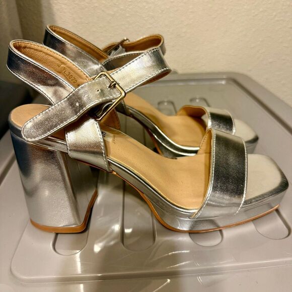 Joy In Love Women’s Silver Metallic Square Toe Block Heeled Chunky Platform Sand - Picture 4 of 15